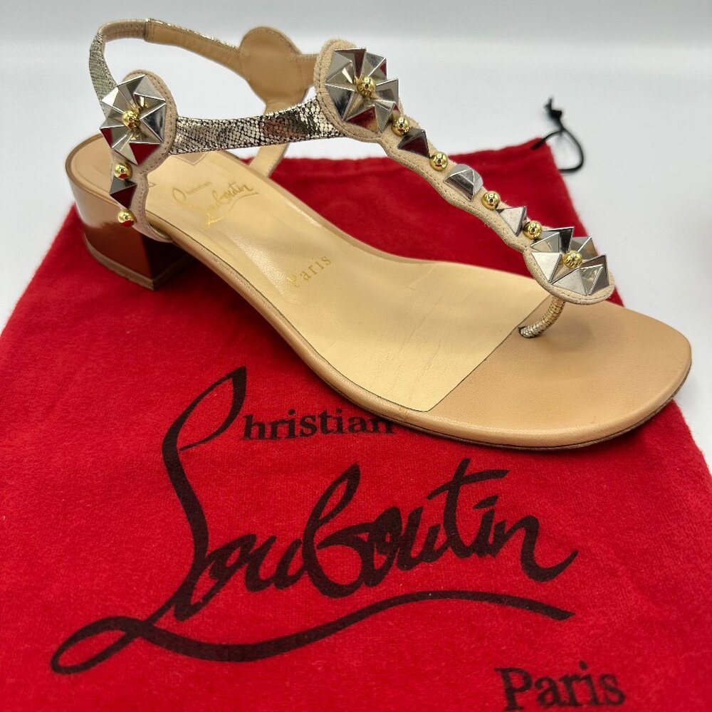 Christian Louboutin Kaleidra Spike T-Strap Red Sole Sandal, Nude Size 38.5